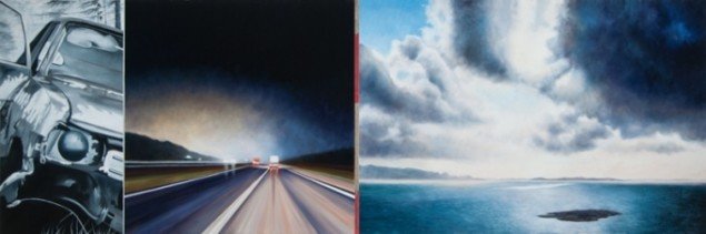 Roadtriptycon-Now, Present and Past, 2012, olie på lærred, 150 x 450 cm. Pressefoto.