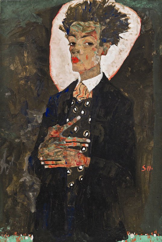 Egon Schiele: Selvportræt med påfuglevest, 1911. (Ernst Ploil, Wien)