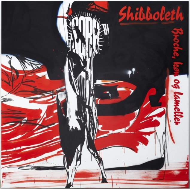 A band named Shibboleth, 2010, posca, akryl og spray på lærred, 190 x 190 cm. Foto: Anders Sune Berg. Courtesy Galleri Tom Christoffersen.