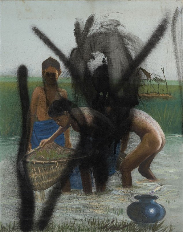 Defaced unidentified cambodian painting (naked boys fishing), 2005, olie og spray på lærred, 50 x 39,5 cm. Foto: Anders Sune Berg. Courtesy Galleri Tom Christoffersen.