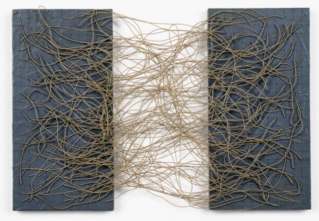 Eva Hesse (1936-1970)  Metronomic Irregularity I, 1966  Graphite, acrylic,  papier-caché, masonite, cotton-covered wire  30,4 x 45,7 x 5,1 cm@ The Estate of Eva Hesse. Courtesy Hauser & Wirth