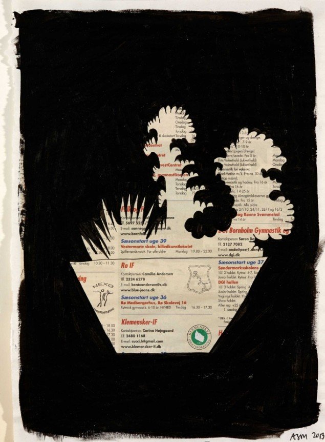 Anne Sofie Meldgaard: Untitled 2013. Lakfarve på avispapir, 39,5x28 cm. Foto: Simon Lautrop