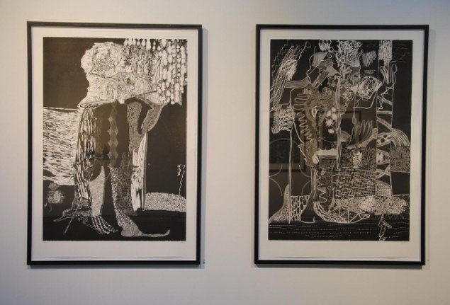 Peter Linde Busk: To litografier: In Exiles return og In Abyssinia, træsnit, 112 x 76 cm, 2011. På Mostly Black and White, Kunstpakhuset 2014. Foto: Bente Jensen