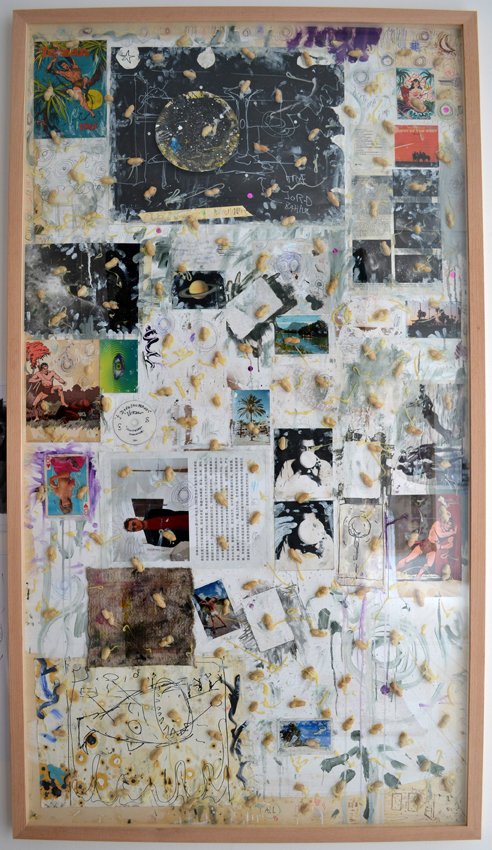 Anders Brinch: All, 2014, mixed media collage på birkefinér, 130x230 cm. Foto: Marie Kirkegaard.