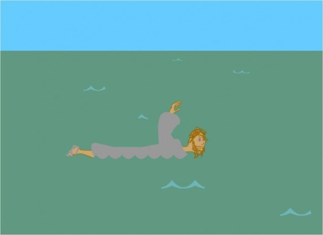 Miltos Manetas: Jesus Swimming, (2001), flash animation af Joel Fox, musik af Gnac, courtesy Yvon Lambert Gallery, NYC. "Jesus Swimming" er den første hjemmeside nogensinde, der er blevet solgt som et kunstværk. 