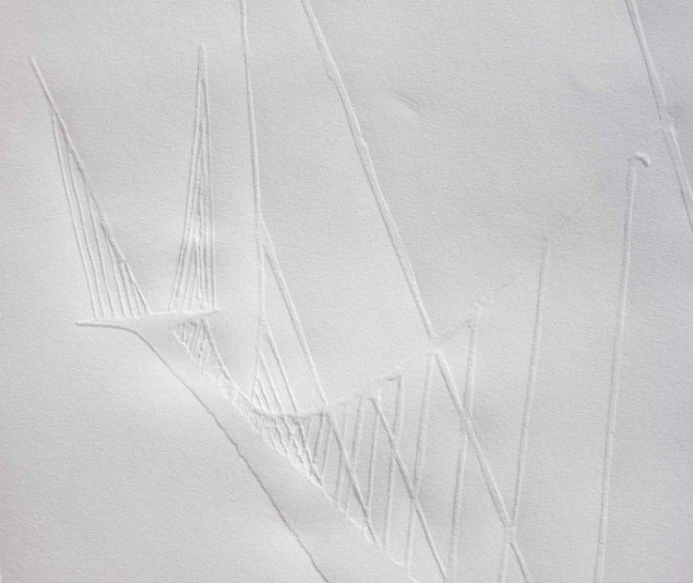 Peter Callesen: Bridge 1-6, 2014. Monoprints, klip, collage og tegning. Indrammet 62x48x4 cm. På Nærværk - Kunst er at skabe nyt nærvær, Pop-up Contemporary #6 til d. 26/10. Foto: Anders Sune Berg.