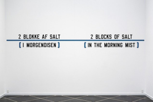 Lawrence Weiner: 2 BLOCKS OF SALT (IN THE MORNING MIST) 2 BLOKKE AF SALT (I MORGENDISEN), 1991 på Galleri Susanne Ottesen til 14. marts. Foto: Anders Sune Berg 