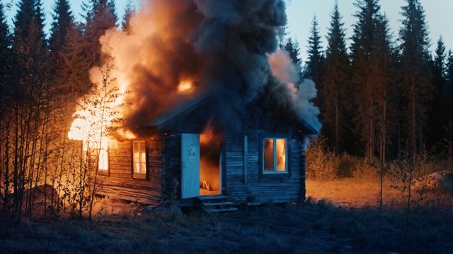 Ragnar Kjartansson, Scenes From Western Culture, Burning House, 2015 single channel video, colour, sound. duration: 01:32:00. Courtesy of the artist, Luhring Augustine, New York and i8 Gallery, Reykjavik.