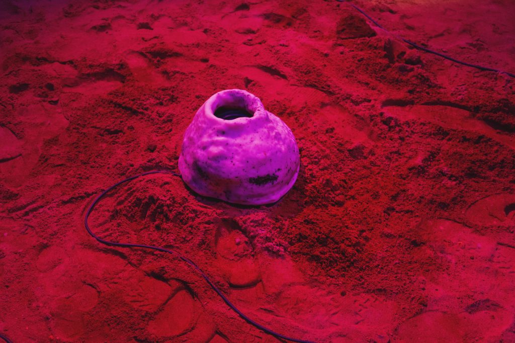 Olga Benedicte, The Unknown Territory, 2021. Interaktiv skulptur- og lydinstallation Loop af 12 min. varighed Sæbeskulpturer med kaffegrums og bipollen granulat, inkorporerede højttalere, 12-kanals lydsystem, synlige kabler. Violet folie og sand.